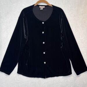 Notations Black Stretch Velvet Cardigan 2X Rhinestone Buttons Soft Goth Evening